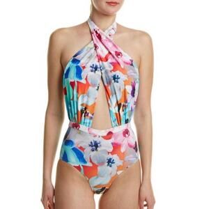 6 Shore Road Floral Cabana Halter Plunge Neck One Piece Swimsuit Size Small NWT